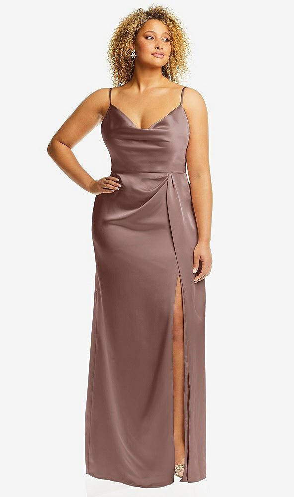 cowl-neck draped wrap maxi dress with front slit