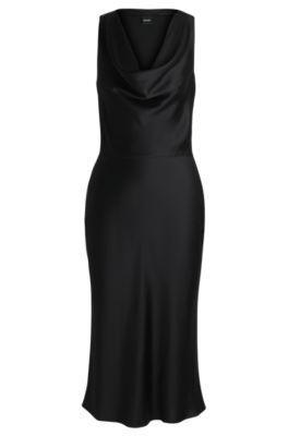 cowl-neck dress in fluent satin with cowl neckline- black women's evening dresses