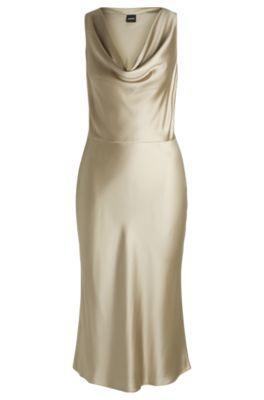 cowl-neck dress in fluent satin with cowl neckline- light beige women's evening dresses