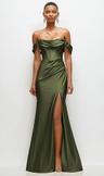 cowl neck off-the-shoulder stretch satin fit and flare corset maxi dress