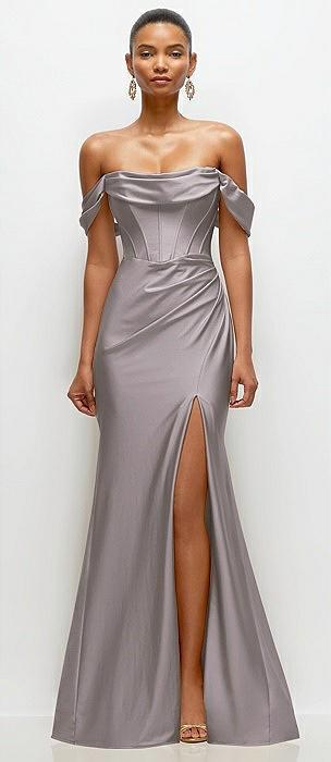 cowl neck off-the-shoulder stretch satin fit and flare corset maxi dress