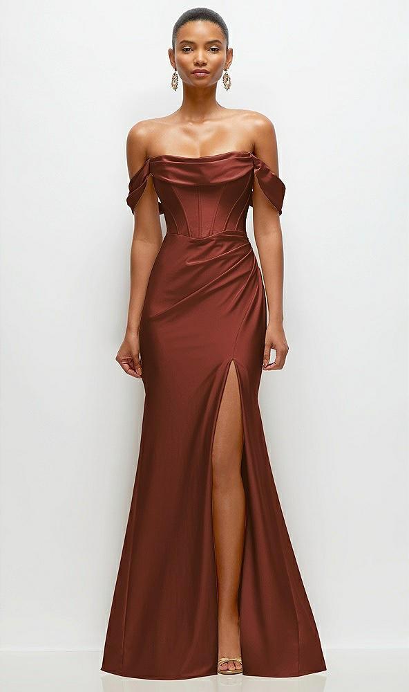 cowl neck off-the-shoulder stretch satin fit and flare corset maxi dress