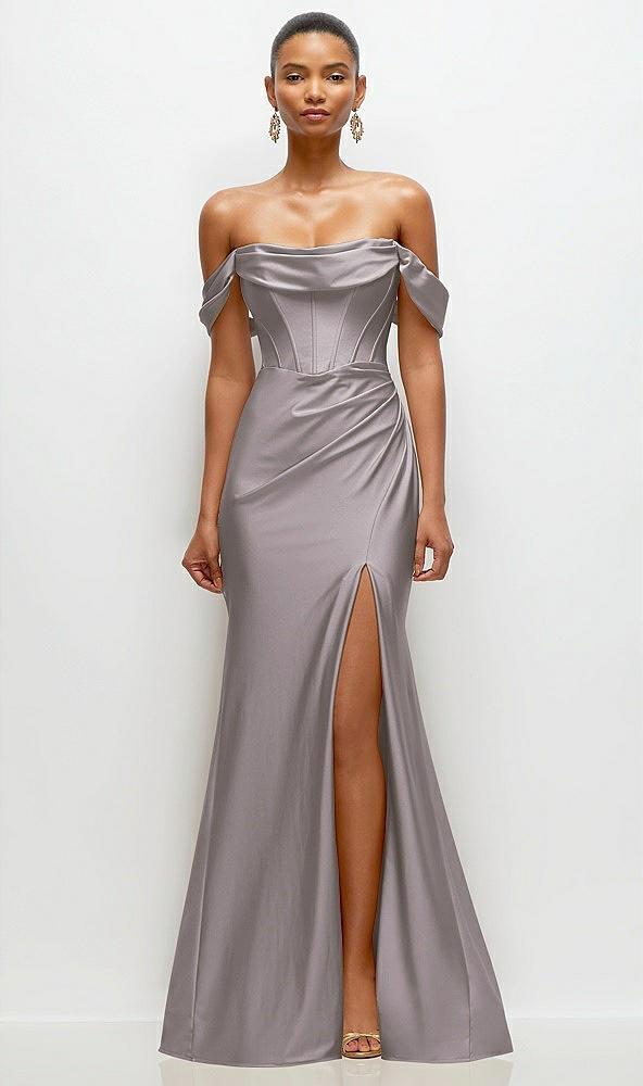 cowl neck off-the-shoulder stretch satin fit and flare corset maxi dress
