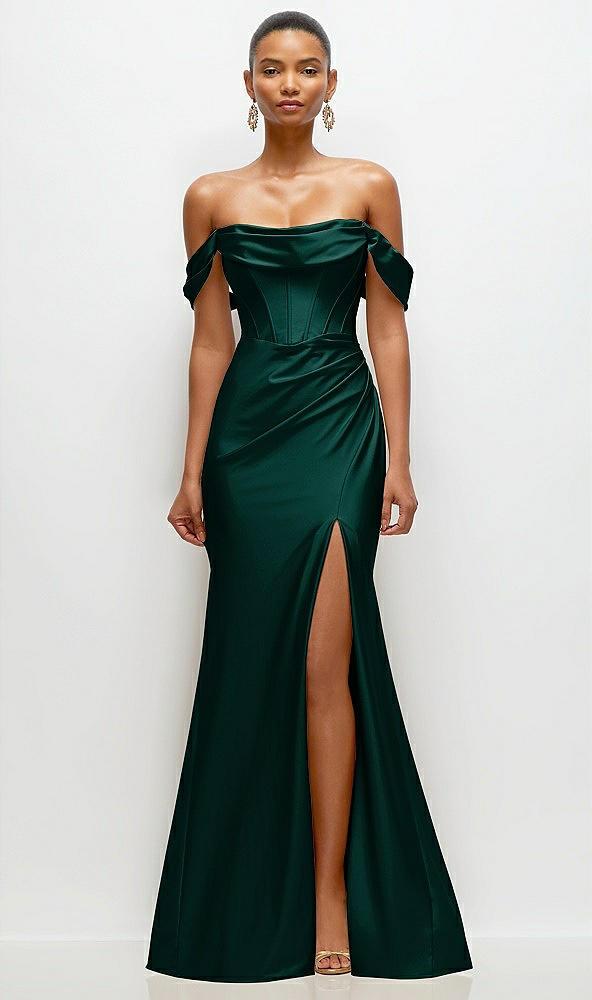 cowl neck off-the-shoulder stretch satin fit and flare corset maxi dress