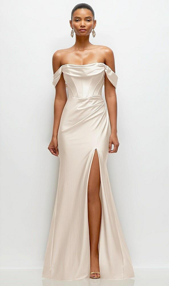 cowl neck off-the-shoulder stretch satin fit and flare corset maxi dress