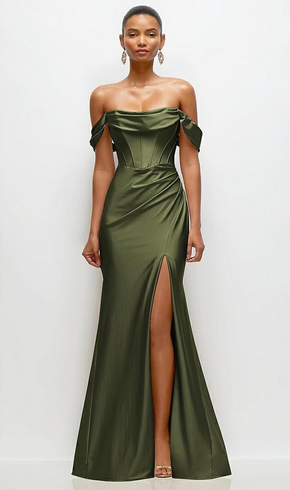 cowl neck off-the-shoulder stretch satin fit and flare corset maxi dress