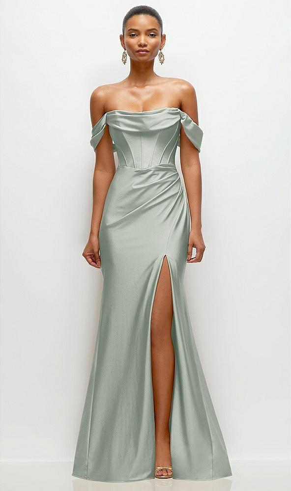 cowl neck off-the-shoulder stretch satin fit and flare corset maxi dress