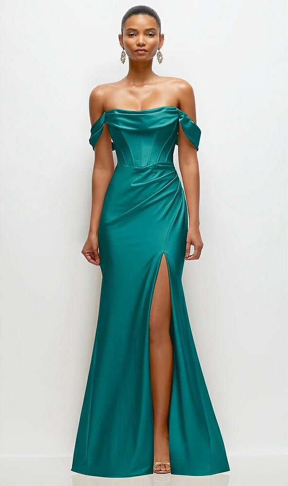 cowl neck off-the-shoulder stretch satin fit and flare corset maxi dress