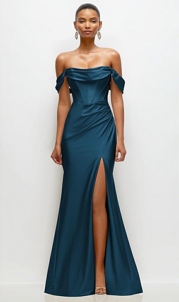 cowl neck off-the-shoulder stretch satin fit and flare corset maxi dress