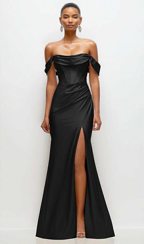 cowl neck off-the-shoulder stretch satin fit and flare corset maxi dress