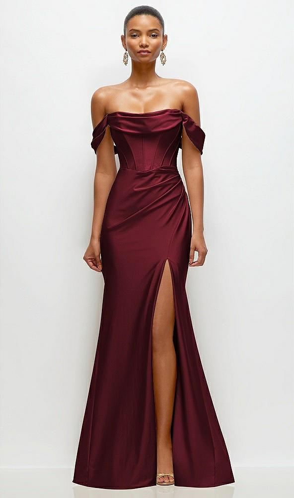 cowl neck off-the-shoulder stretch satin fit and flare corset maxi dress