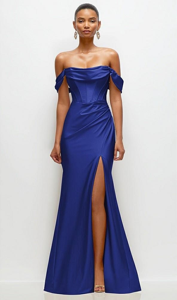 cowl neck off-the-shoulder stretch satin fit and flare corset maxi dress