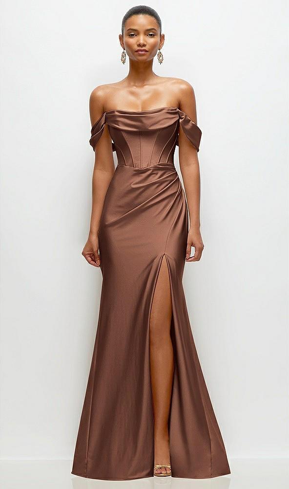 cowl neck off-the-shoulder stretch satin fit and flare corset maxi dress