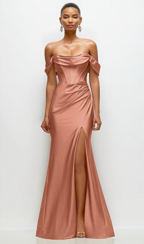 cowl neck off-the-shoulder stretch satin fit and flare corset maxi dress