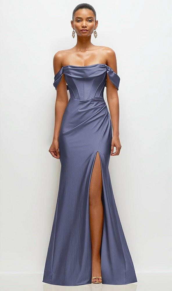 cowl neck off-the-shoulder stretch satin fit and flare corset maxi dress