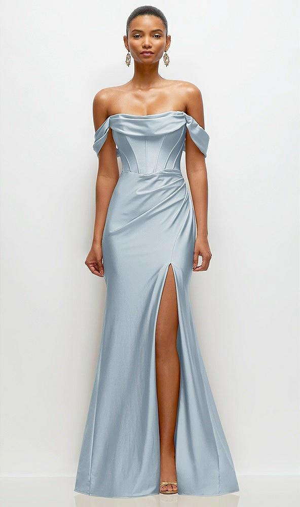 cowl neck off-the-shoulder stretch satin fit and flare corset maxi dress