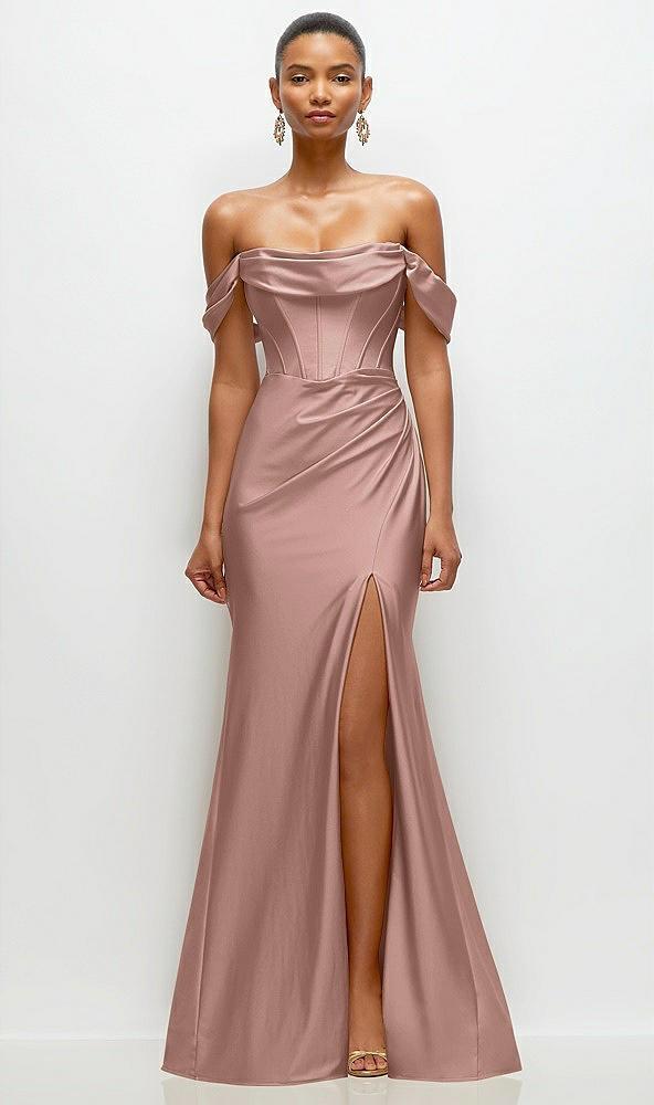 cowl neck off-the-shoulder stretch satin fit and flare corset maxi dress
