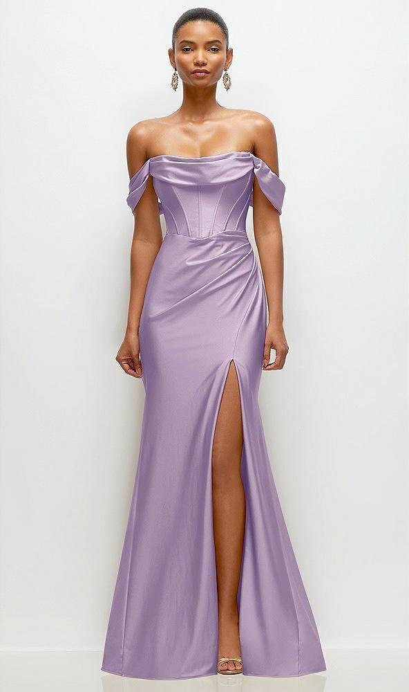 cowl neck off-the-shoulder stretch satin fit and flare corset maxi dress