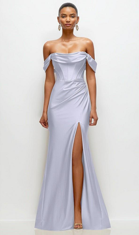 cowl neck off-the-shoulder stretch satin fit and flare corset maxi dress