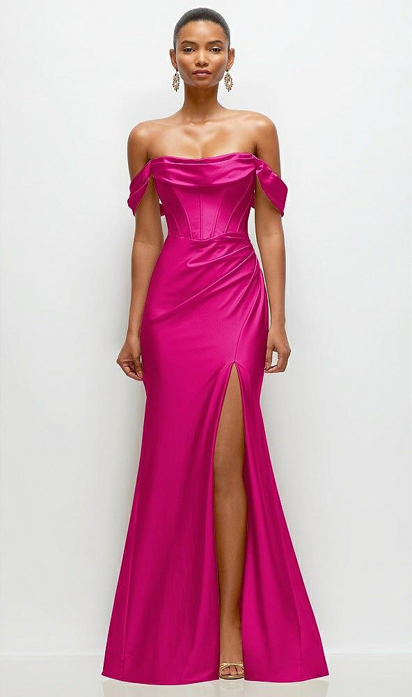 cowl neck off-the-shoulder stretch satin fit and flare corset maxi dress