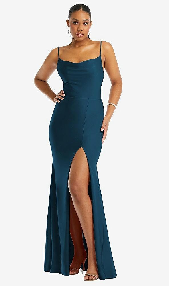 cowl-neck open tie-back stretch satin mermaid dress with slight train