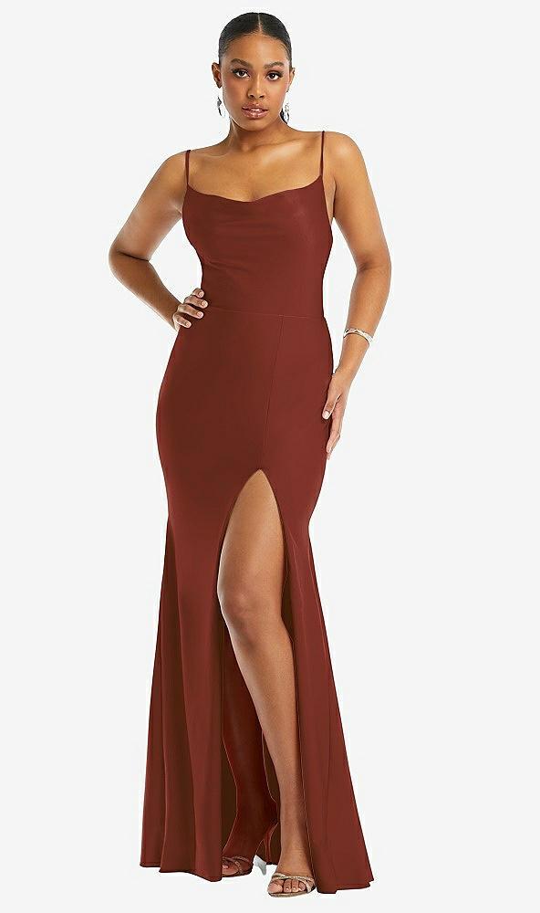 cowl-neck open tie-back stretch satin mermaid dress with slight train