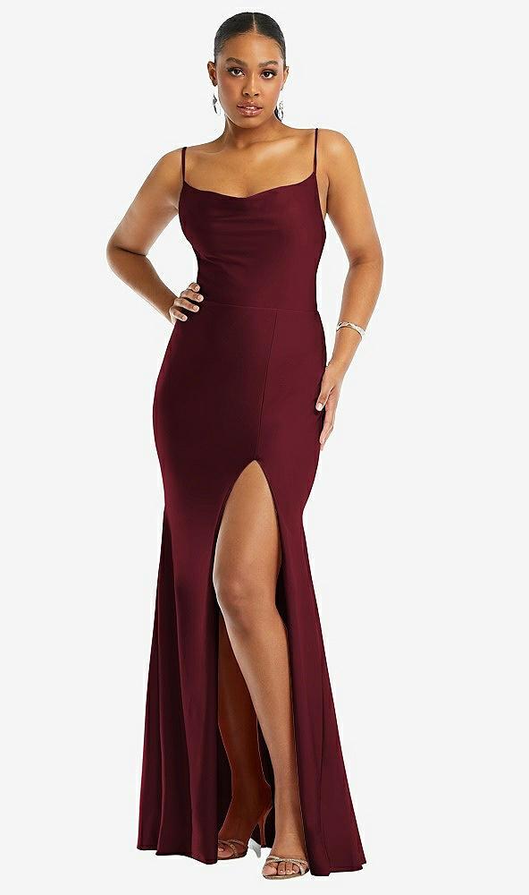 cowl-neck open tie-back stretch satin mermaid dress with slight train