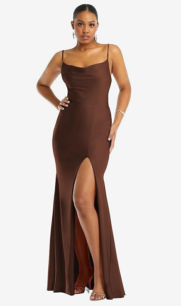 cowl-neck open tie-back stretch satin mermaid dress with slight train