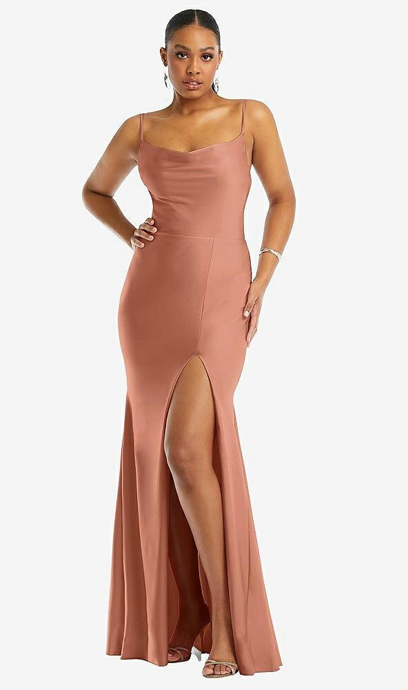 cowl-neck open tie-back stretch satin mermaid dress with slight train