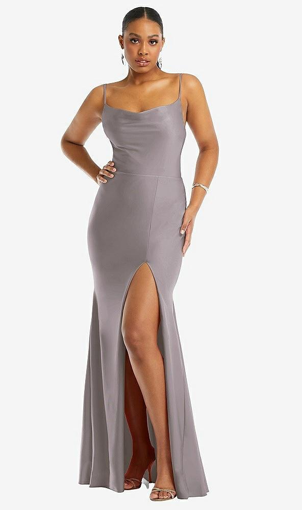 cowl-neck open tie-back stretch satin mermaid dress with slight train