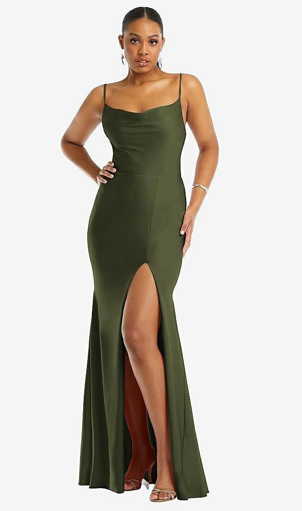 cowl-neck open tie-back stretch satin mermaid dress with slight train