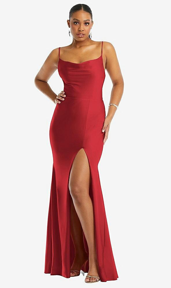 cowl-neck open tie-back stretch satin mermaid dress with slight train
