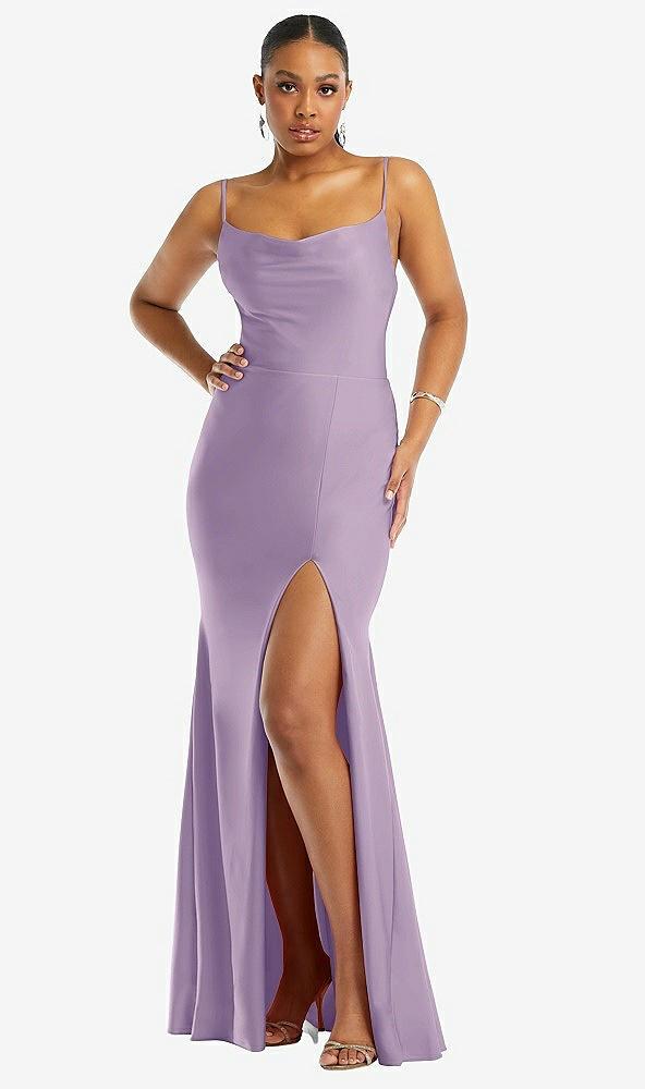 cowl-neck open tie-back stretch satin mermaid dress with slight train