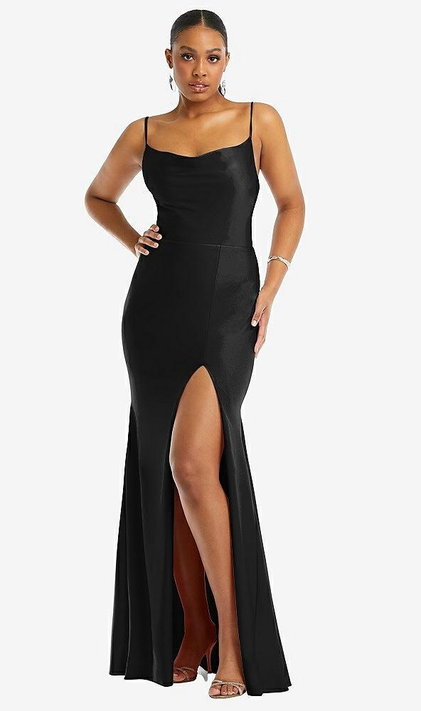 cowl-neck open tie-back stretch satin mermaid dress with slight train