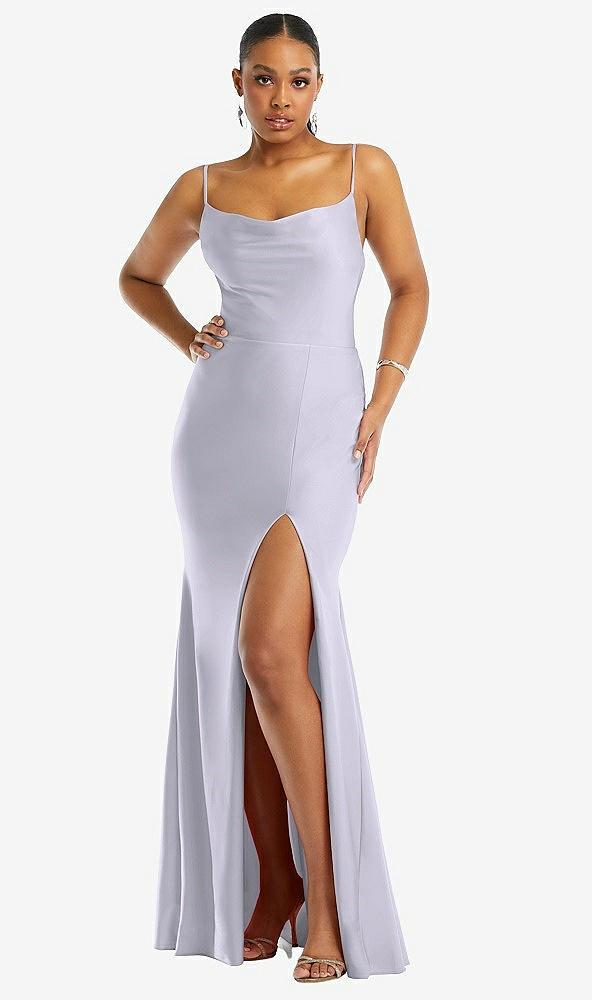 cowl-neck open tie-back stretch satin mermaid dress with slight train