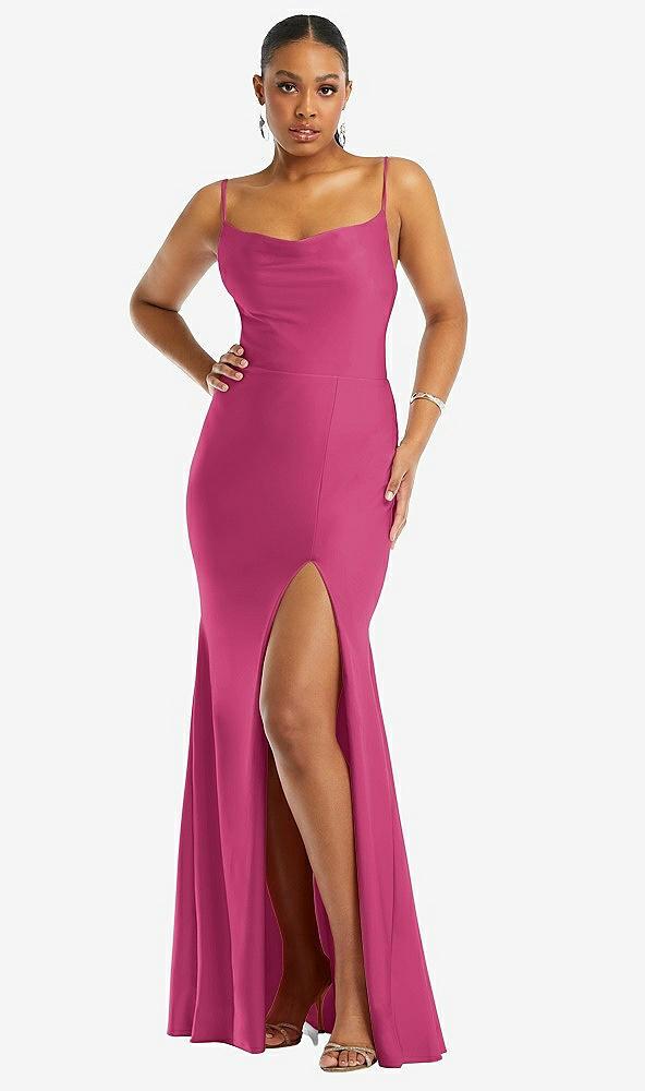 cowl-neck open tie-back stretch satin mermaid dress with slight train