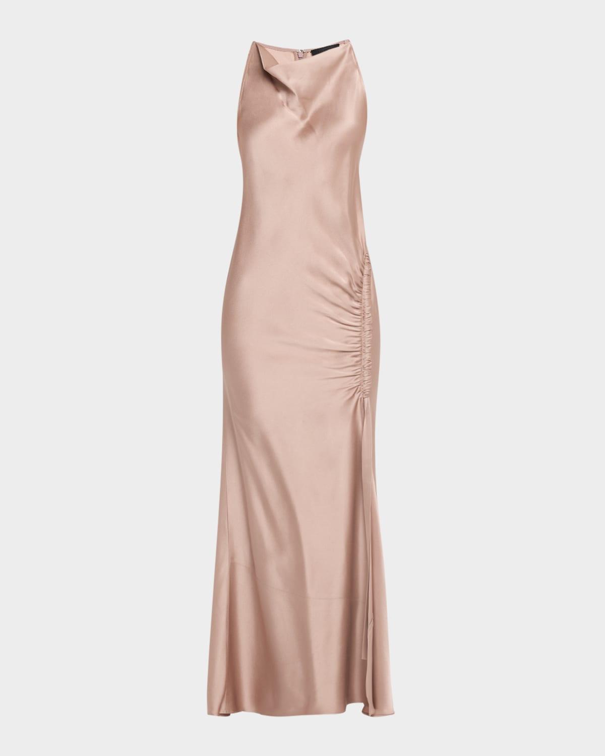 cowl-neck ruched satin gown