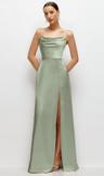 cowl neck satin maxi dress with adjustable spaghetti straps