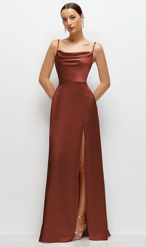 cowl neck satin maxi dress with adjustable spaghetti straps