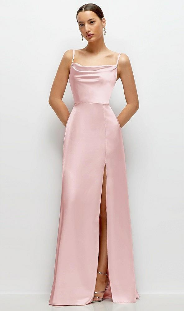cowl neck satin maxi dress with adjustable spaghetti straps