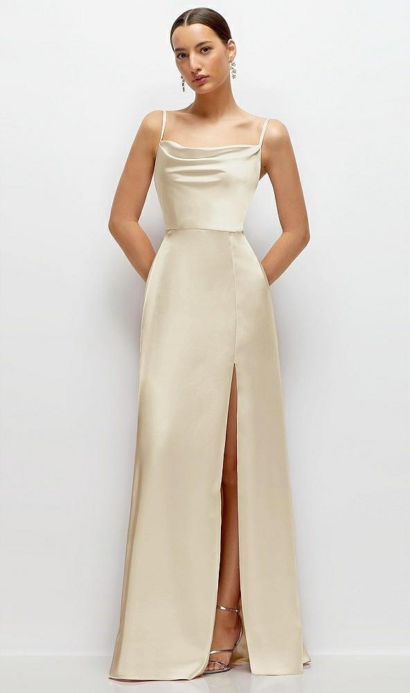 cowl neck satin maxi dress with adjustable spaghetti straps