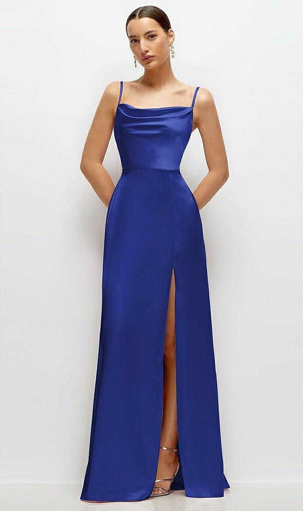 cowl neck satin maxi dress with adjustable spaghetti straps