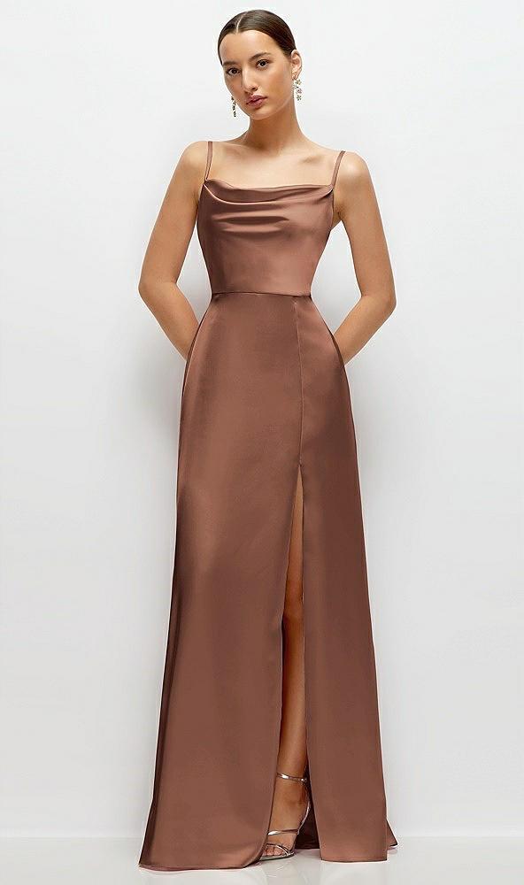 cowl neck satin maxi dress with adjustable spaghetti straps