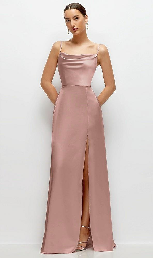 cowl neck satin maxi dress with adjustable spaghetti straps