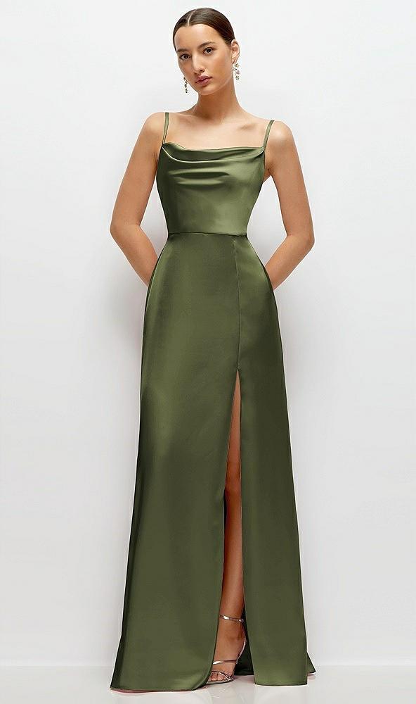 cowl neck satin maxi dress with adjustable spaghetti straps