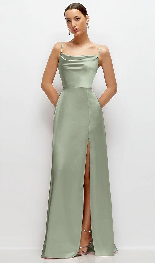 cowl neck satin maxi dress with adjustable spaghetti straps
