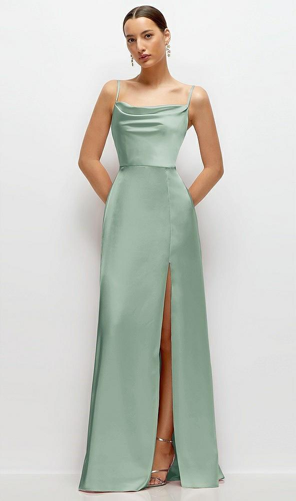 cowl neck satin maxi dress with adjustable spaghetti straps