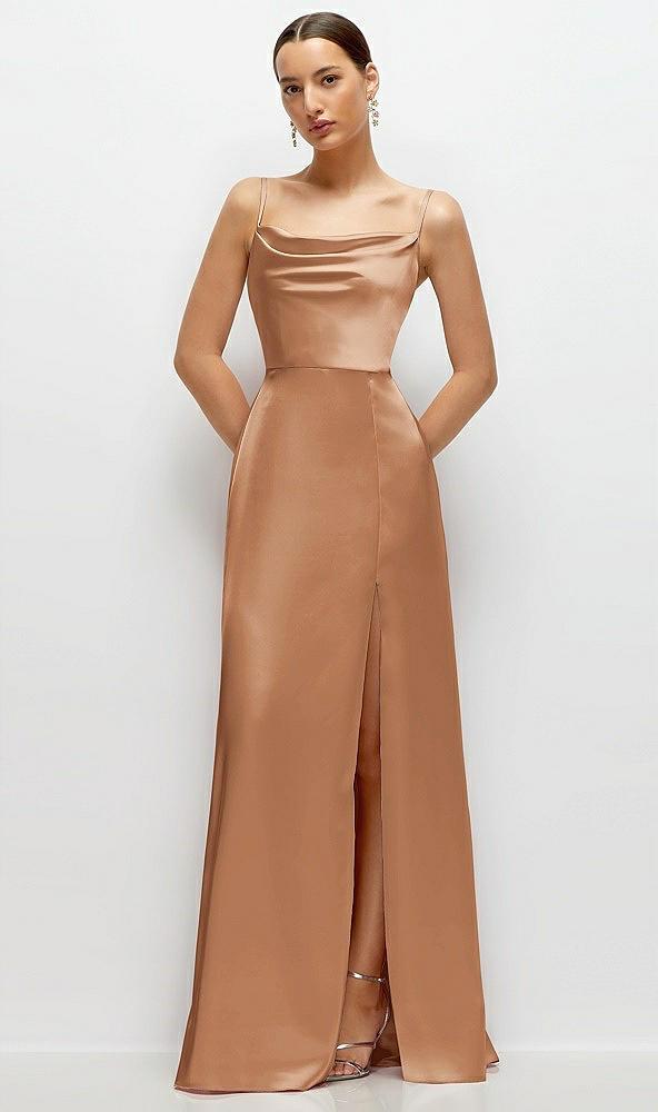 cowl neck satin maxi dress with adjustable spaghetti straps