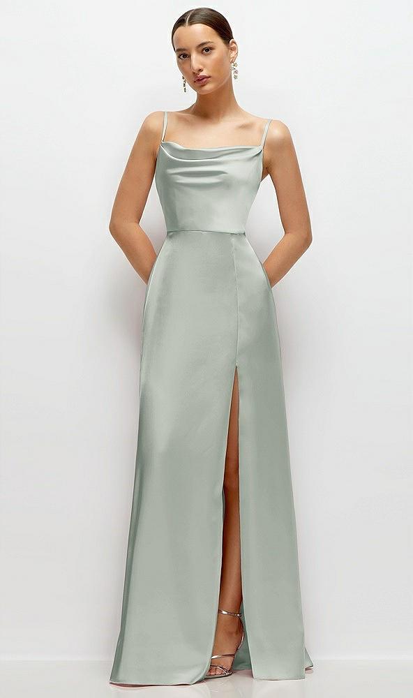 cowl neck satin maxi dress with adjustable spaghetti straps