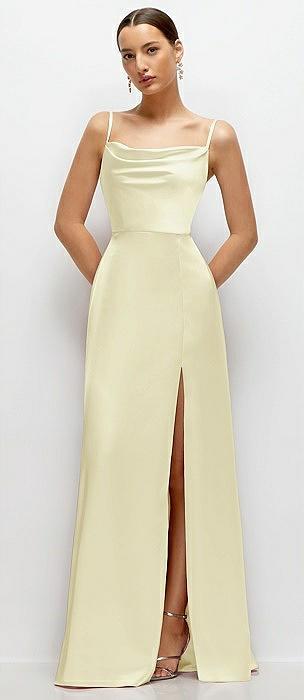 cowl neck satin maxi dress with adjustable spaghetti straps